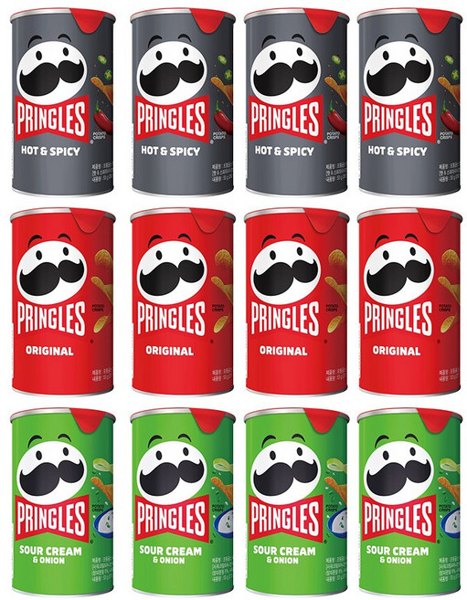 프링글스 12개 모음 버라이어티 팩 x 3가지맛 (오리지널 53g x 4개 양파맛 53g x4개 매운맛 53g x4개), 1세트