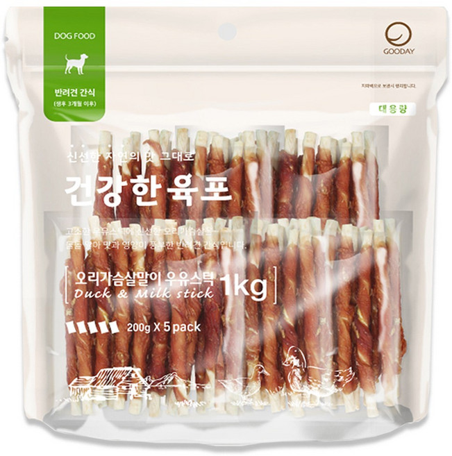 굿데이 강아지 건강한 육포 가슴살말이 우유스틱 1kg, 건강한 육포 1kg 오리가슴살말이 우유 스틱 대용량, 1개, 오리가슴살말이 우유스틱