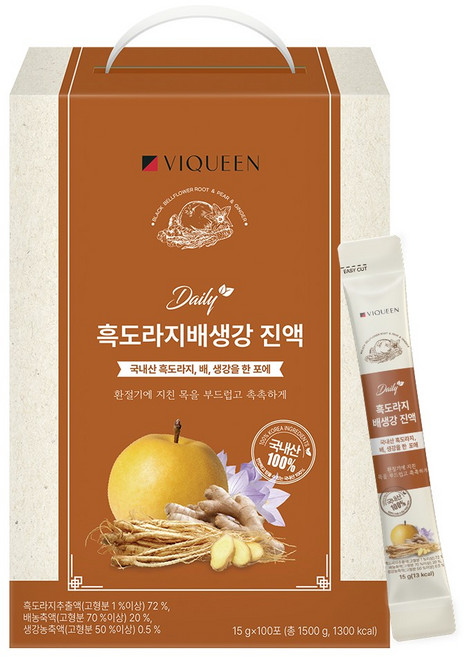 바이퀸 국산 흑도라지 배 생강 진액 스틱 대용량, 15g, 100개