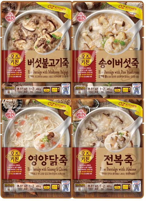 오뚜기 프리미엄 파우치죽 4종 각 1개 버섯불고기죽 + 송이버섯죽 + 영양닭죽 + 전복죽 1세트, 450g