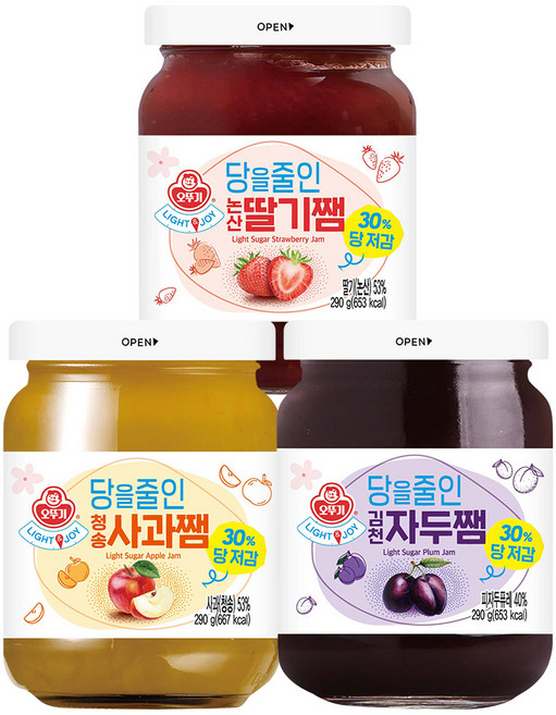 오뚜기 Light&Joy 당을 줄인 논산딸기쨈 290g+청송사과쨈 290g+김천자두쨈 290g, 290g, 3개