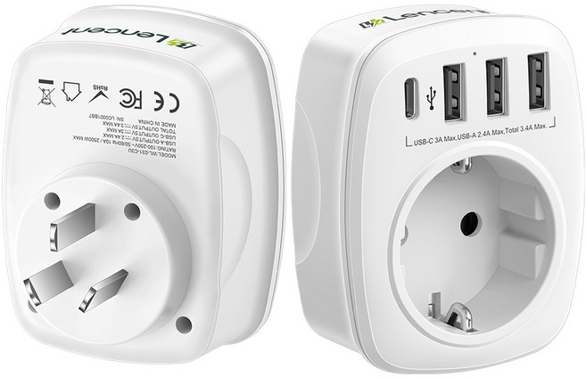 렌센트 호주/중국 규격 (Type I) 여행 어댑터 4포트 (3 USB A + 1 USB C) 화이트 PA013EUAU, 1개