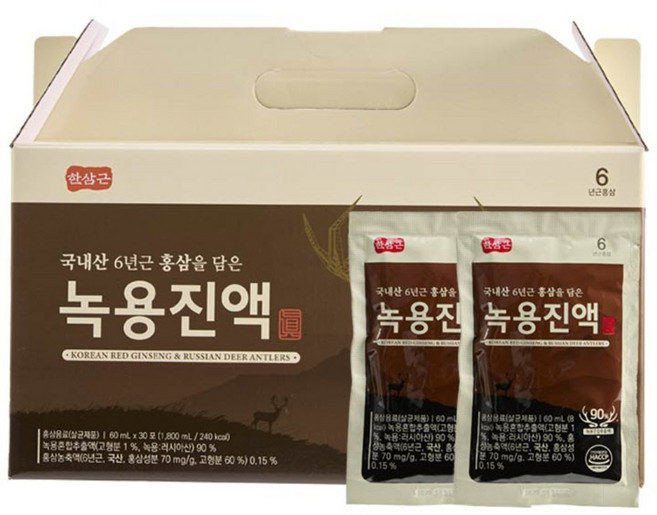 한삼근 국내산 6년근 홍삼을 담은 녹용진액 60ml x 30포, 1박스, 1.8L