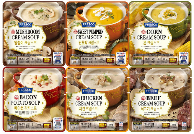 오뚜기 프레스코 180g 스프 6종세트(양송이크림+단호박크림+콘크림+베이컨감자+치킨크림+쇠고기크림), 6개