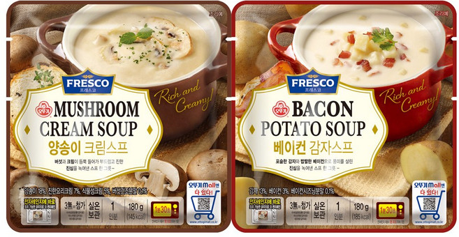 오뚜기 프레스코 크림스프 180g 2종 5개씩(양송이+베이컨감자), 1세트, 1.8kg