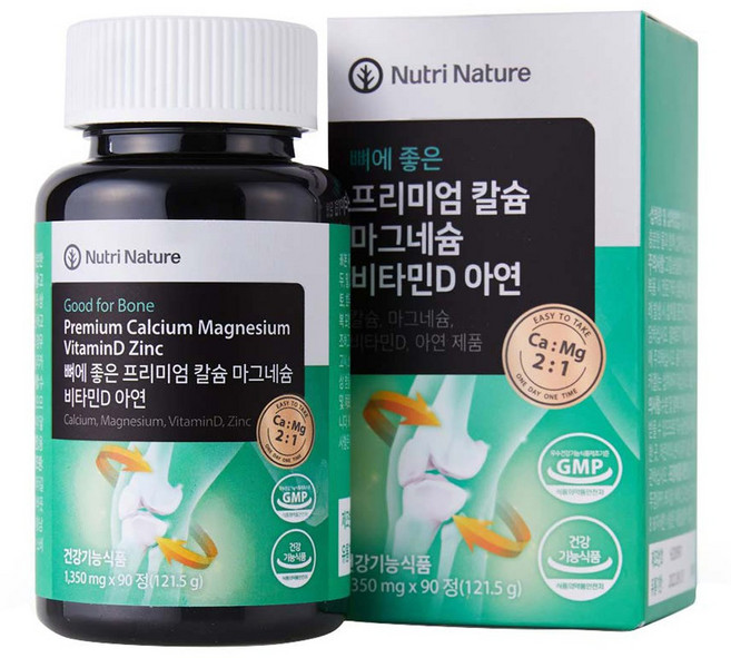 뉴트리네이처 뼈에 좋은 프리미엄 칼슘 마그네슘 비타민D 아연, 90정, 1개