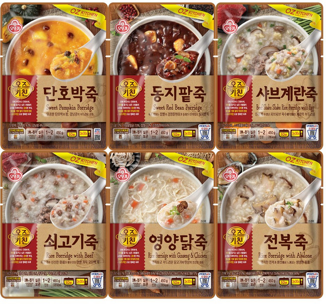 오뚜기 오즈키친 450g 파우치죽 9종세트(전복+닭+송이버섯+트러플전복+단호박+팥+불고기+쇠고기+샤브계란), 9개