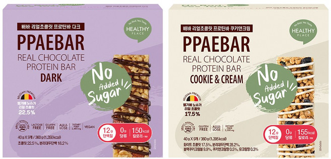 [무가당 설탕X] 빼바 리얼초콜릿 프로틴바 다크 & 쿠키앤크림, 1세트, 720g
