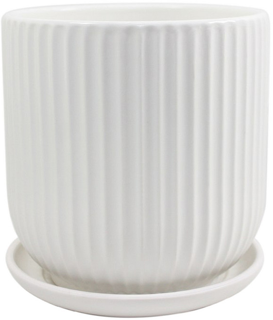 그린데이 원형 세로 플리츠 화분 - 무광 화이트 인테리어 디자인 도자기 화분, 1개