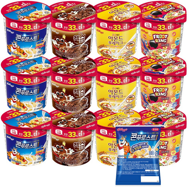 켈로그 컵시리얼 4종 세트 (12개 구성: 콘푸로스트 첵스초코 아몬드푸레이크 후루트링) + 미니 시리얼 30g 증정, 1세트, 480g