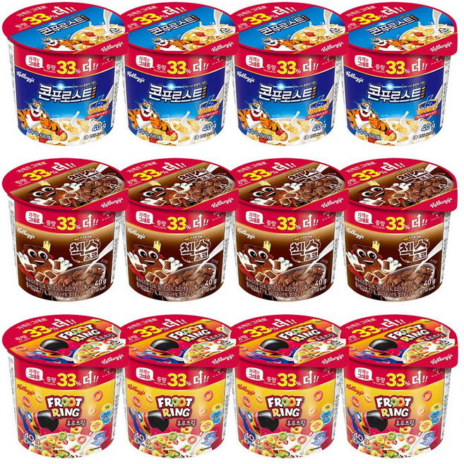 켈로그 컵시리얼 3종세트 (콘푸로스트30gx4+첵스초코30gx4+후르트링30gx4), 30g, 120개