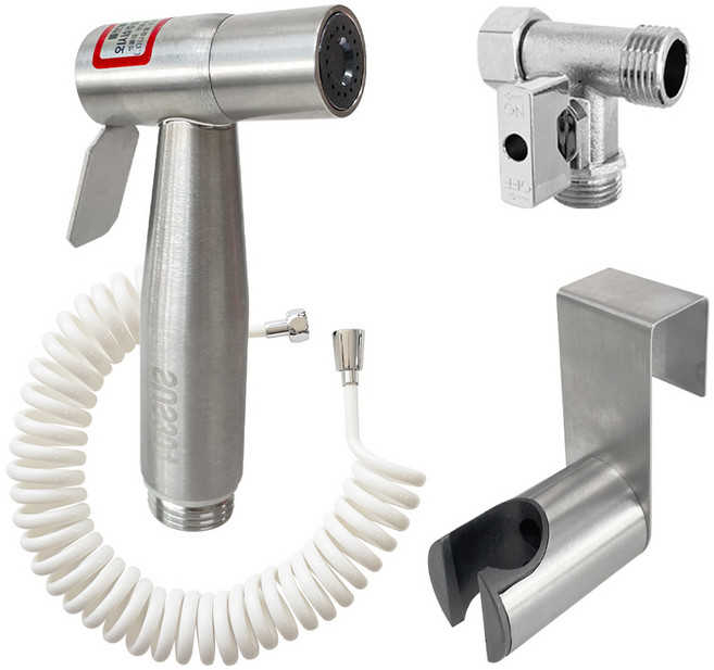 5m 스프링호스+스텐건+스텐변기행거+티밸브 욕실 변기 청소세트, 1개