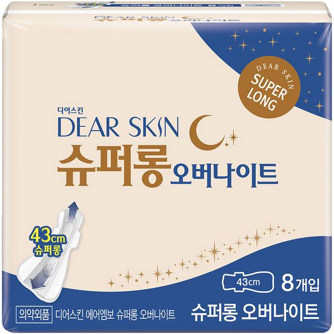 더마생리대 디어스킨 에어엠보 슈퍼롱 오버나이트, 오버나이트 이상, 8개입, 1세트