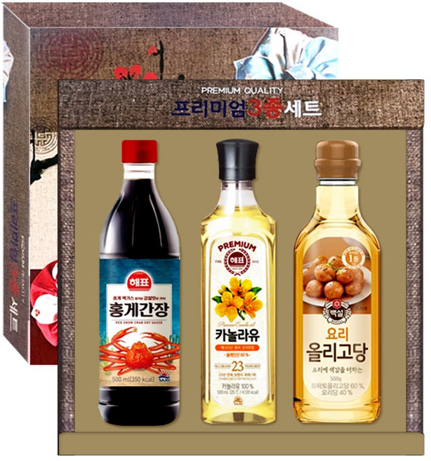 명절 선물 프리미엄 3종 선물세트 홍게간장 올리고당 카놀라유, 1세트
