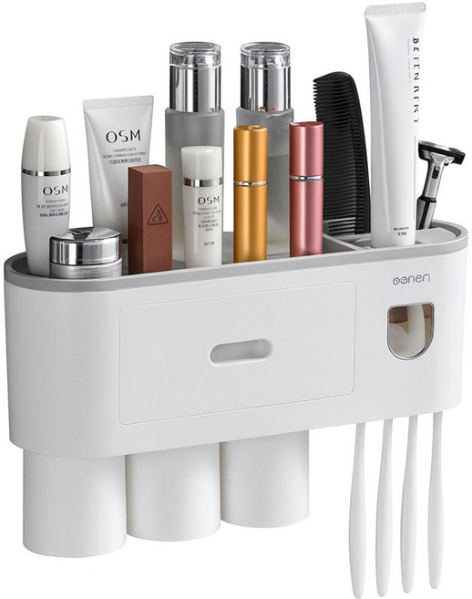 마벨인홈 간편부착 원터치 치약 디스펜서 칫솔걸이 선반, 그레이, 1개