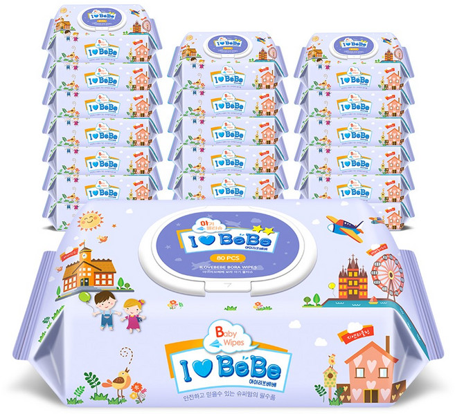 아이러브베베 보라 아기물티슈 캡형, 52g, 80매, 20개