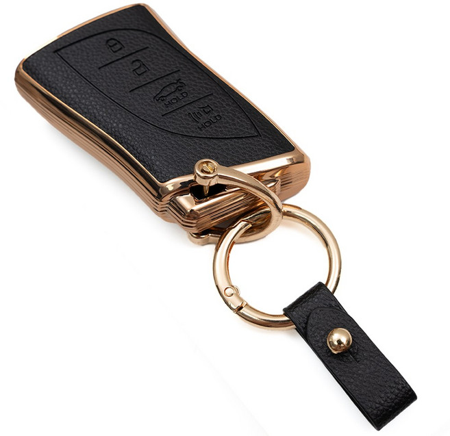 렉서스 LS ES RX RZ NX UX LC ES300H 호환 스마트키 가죽 차 키케이스 리모컨 키링 키홀더 TPU 키커버, TL56_4버튼, 블랙골드