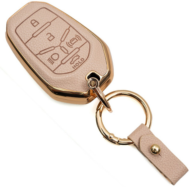 쌍용 올뉴 G4 렉스턴 호환 스마트키 가죽 차 키케이스 리모컨 키링 키홀더 키커버, TL58_5버튼, 아이보리골드