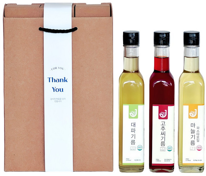 장터엔 3종 선물세트(대파기름 고추씨기름 파스타마늘오일 250ml), 대파기름+고추씨기름+파스타마늘오일, 유리병250ml, 1개