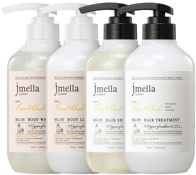[헤어&바디 4종 세트] 제이멜라 인 프랑스 페이보릿 퍼퓸 샴푸+트리트먼트+바디워시+바디로션 대용량 풀케어 500ml SET, 라임 앤 바질 헤어+바디 세트, 1세트