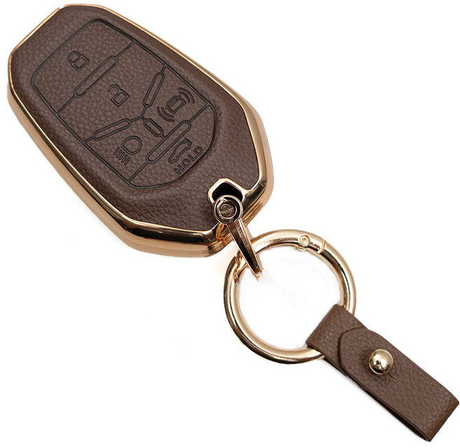 쌍용 올뉴 G4 렉스턴 호환 스마트키 가죽 차 키케이스 리모컨 키링 키홀더 키커버, TL58_5버튼, 브라운골드