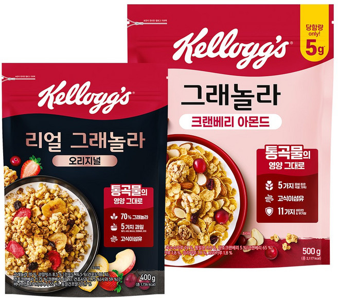 켈로그 리얼 그래놀라 400g x 1개 + 크렌베리/블루베리/현미/통귀리 그래놀라 택 1(총 2박스), 500g