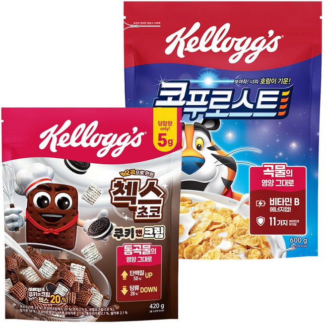 켈로그 시리얼 오곡 첵스초코 쿠키앤크림 420g + 콘푸로스트 600g, 1.02kg, 1세트