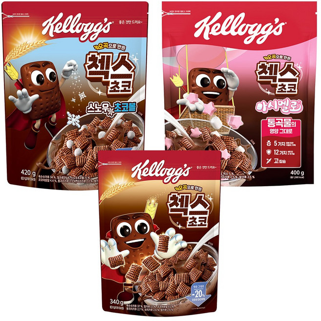켈로그 오곡 첵스초코 340g+마쉬멜로우 400g+스노우초코볼 420g [필수영양소/칼슘/비타민/아침대용시리얼], 1개