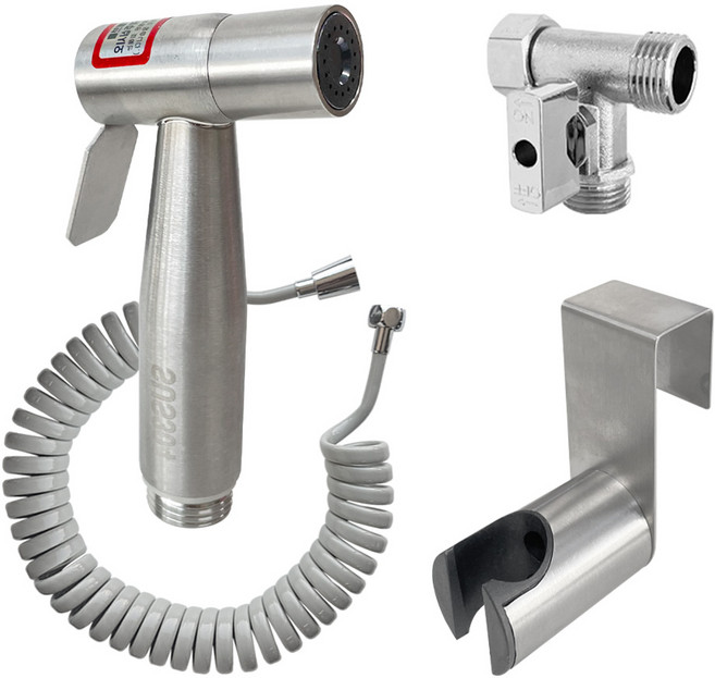 5m 그레이 스프링호스+스텐건+스텐변기행거+티밸브 욕실 변기 청소세트