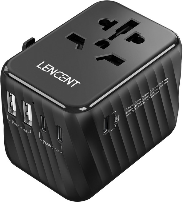 렌센트 5포트 28W 전세계 여행용 해외 멀티 플러그 어댑터 2 USB A +3 Type C 블랙 PA058B-2A3C, 1개, PA058B-2A3C*블랙