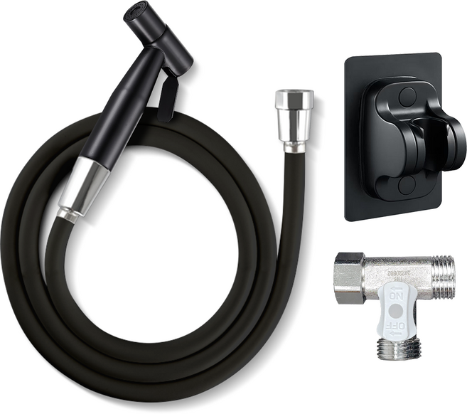 스프레이건+물때방지샤워호스+접착식거치대+황동 T 밸브 세트, 블랙, 2m