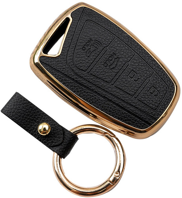 현대 신형 그랜저 싼타페 맥스크루즈 에쿠스 제네시스 호환 TPU 가죽 키케이스 키홀더 키링, 블랙골드, 4버튼(TL06)