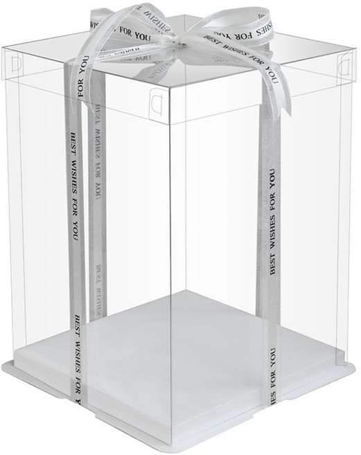 DD 사각 투명케이크상자 플라워포장 디저트케이스 1호 2호 3호 (받침대+리본포함), 2개, 투명뚜껑