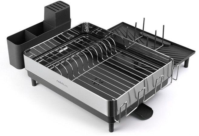 노빌리움 에코핏 스테인레스 익스텐드 식기건조대 확장형 1단 자동물빠짐 싱크대 선반 그릇 정리대, 실버 블랙, 1개