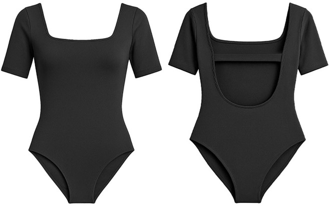 바닐라마카롱 백트임 모노키니 원피스 수영복 몸매 보정 스퀘어넥 유넥 스윔수트 뱃살 체형 커버 비치 웨어 여름 휴양지 바캉스룩 패드 포함, M, 1개, R98661A(블랙