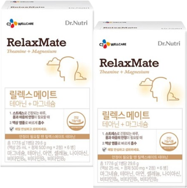 (CJ 웰케어) 닥터뉴트리 릴렉스메이트 테아닌+ 마그네슘 6입 / 스트레스 완화 긴장완화 / 신경 근육 건강 / 비타민B군 비타민C 함유, 1박스, 29.6g
