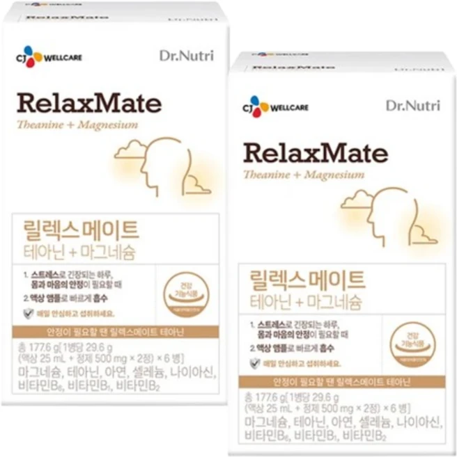 (CJ 웰케어) 닥터뉴트리 릴렉스메이트 테아닌+ 마그네슘 6입 / 스트레스 완화 긴장완화 / 신경 근육 건강 / 비타민B군 비타민C 함유, 1박스, 29.6g - 쿠팡