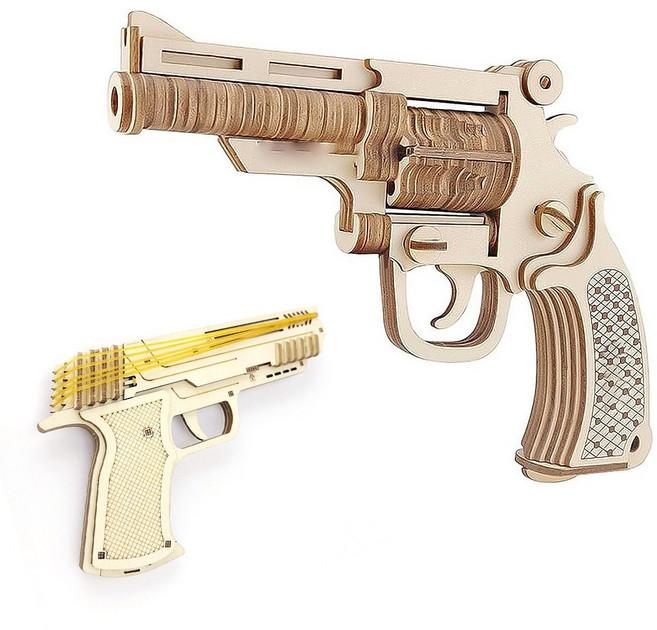 1+1 고무줄총 3D 입체퍼즐 DIY 만들기 키트 나무 퍼즐 고무밴드 발사, A 세트, 1개, 2피스