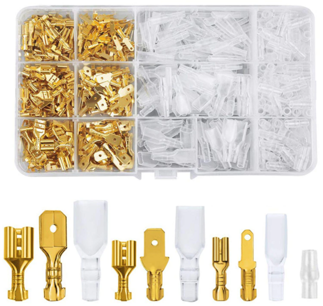 (제이케이) DIY압착평단자 골드 270pcs 세트 터미널 커넥터 압착 황동 신주단자 전선 연결 배선, 1세트