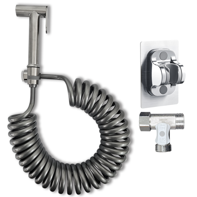 내집클로버 고정형 청소건+스프링호스+접착식 거치대+T밸브, 고정형 실버, 5m