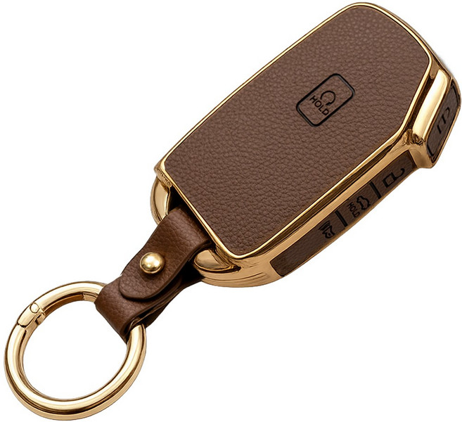 바이어블 기아 스포티지 K5 올뉴 K3 K7 카니발 쏘렌토 EV7 셀토스 호환 스마트키 가죽 TPU 케이스 키링 키홀더, 5버튼 TL32, 진브라운