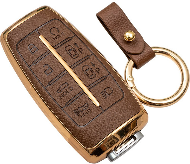 바이어블 현대 G70 G80 GV70 GV80 GV90 호환 TPU 스마트키 가죽 TPU 케이스 키링 키홀더, 8버튼 TL40, 진브라운