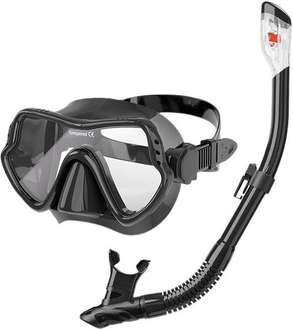 퓨어포스 프리미엄 스노클링 마스크 세트 고투명 일체형 렌즈 성인 수경 남녀공용 고글형 물안경 실리콘 마우스피스 프리다이빙 수영 장비, 1개, R98712B(블랙