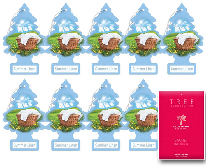 리틀트리 TREE 차량용 방향제 썸머린넨 9개 + 아로마스퀘어 자동차 룸미러 걸이형 종이 방향제, 1개