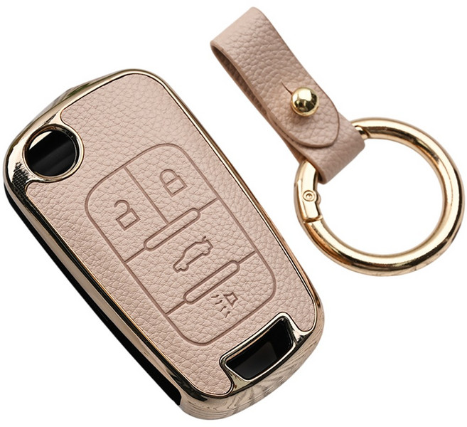 바이오토 쉐보레 폴딩키 스파크 말리부 알페 호환 가죽 TPU 키케이스 키홀더 키링, 4버튼(TL18), 아이보리골드