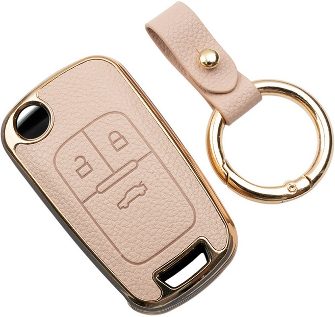 바이오토 쉐보레 폴딩키 스파크 말리부 알페 호환 가죽 TPU 키케이스 키홀더 키링, 3버튼(TL17), 아이보리골드