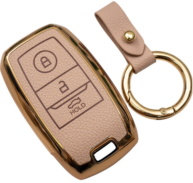 바이어블 기아 올뉴 모닝 레이 K3 호환 TPU 스마트키 가죽 TPU 케이스 키링 차 키홀더, 아이보리, 3버튼 TL30