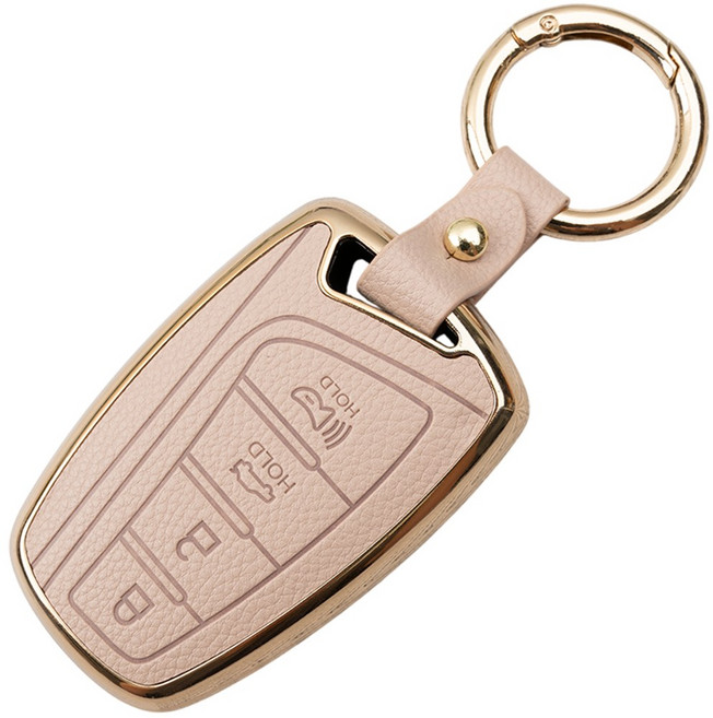 현대 신형 그랜저 싼타페 맥스크루즈 에쿠스 제네시스 호환 TPU 가죽 키케이스 키홀더 키링, 아이보리골드, 4버튼(TL06)