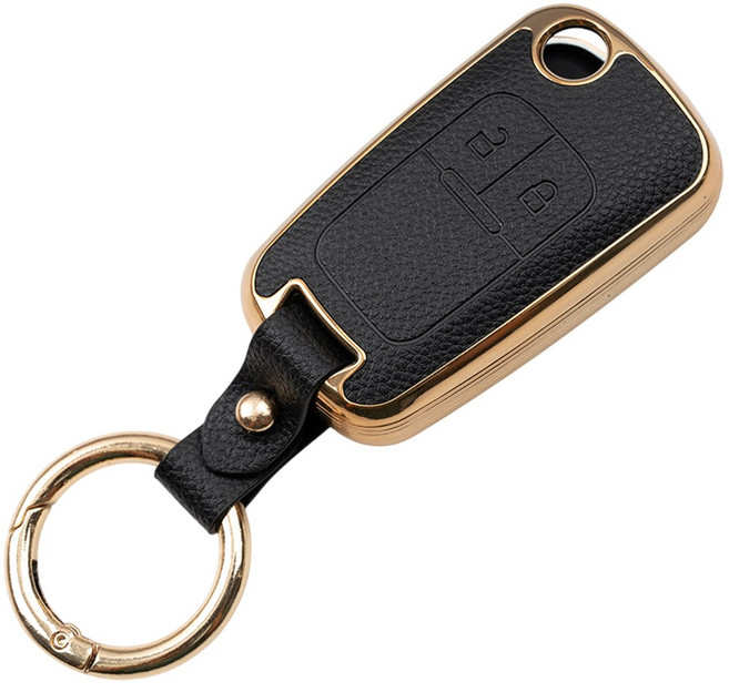 바이오토 쉐보레 폴딩키 스파크 말리부 알페 호환 가죽 TPU 키케이스 키홀더 키링, 2버튼(TL01), 블랙골드