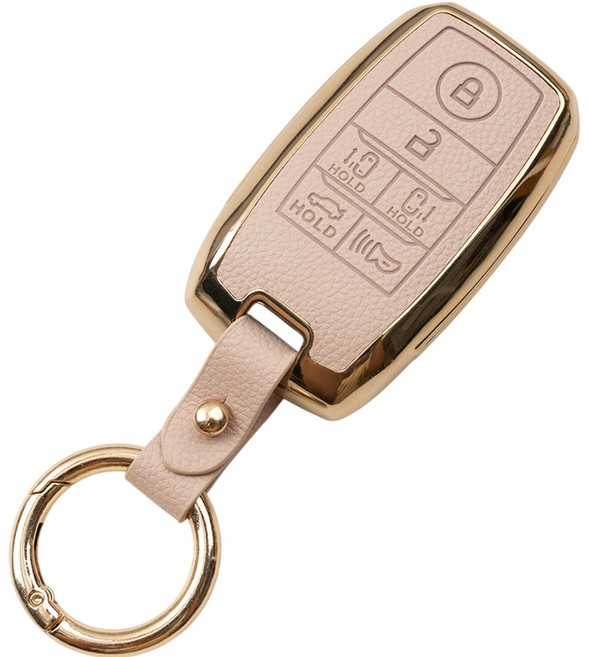 바이오토 기아 더뉴 올뉴 카니발 호환 가죽 TPU 키케이스 키홀더 키링 VA-TL05, 6버튼(TL05), 아이보리골드